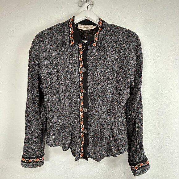 Vtg Marsha Brander Componix Women's Button Down Top 10 Long Sleeve Floral Black - Picture 1 of 12